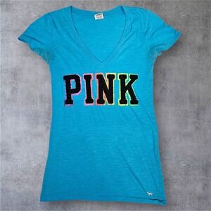 Vintage Y2K PINK Victoria's Secret Aqua Blue V-Neck T-Shirt Logo XS Top U33